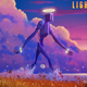 In this sci-fi illustration, a robot with a halo and glowing rings around its wrists strides across a purple and orange landscape.